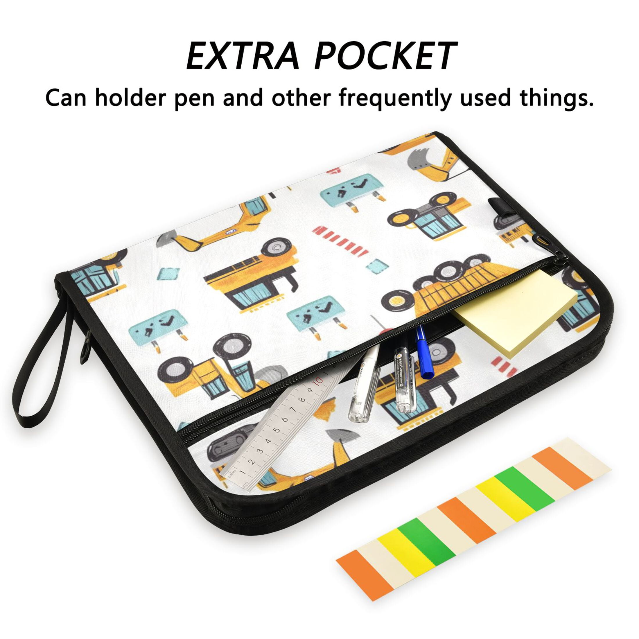 Accordion File Organizer with Zip Closure 13 Pockets Expanding File Folder Letter A4 Paper Document Organizer for Home Office Construction Trucks and Excavators