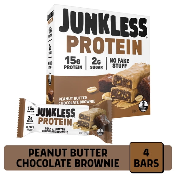 JUNKLESS Peanut Butter Chocolate Brownie Protein Bar, 15 g Protein, High Fiber, Gluten Free, 1.9 oz, 4 Count