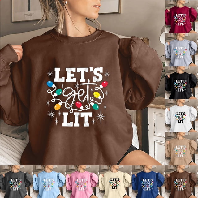 EQWLJWE Chandails de Noël pour Femmes Grande Taille Chandails de Fête Amusants Chandails Amusants à Imprimé Guirlande Lumineuse de Noël Chandails Graphiques Col Rond Manches Longues Cadeaux Chandail de Noël Tendance