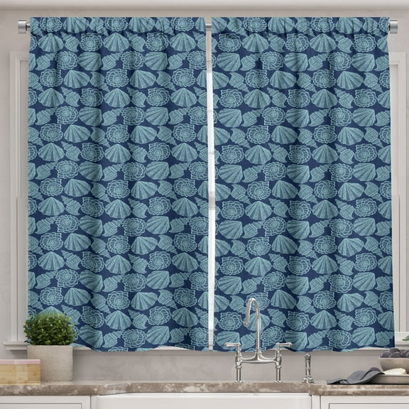 Ambesonne Nautical Kitchen Curtains, Hand-Drawn Sea Shells Art, 55"x30", Night Blue Pale Teal