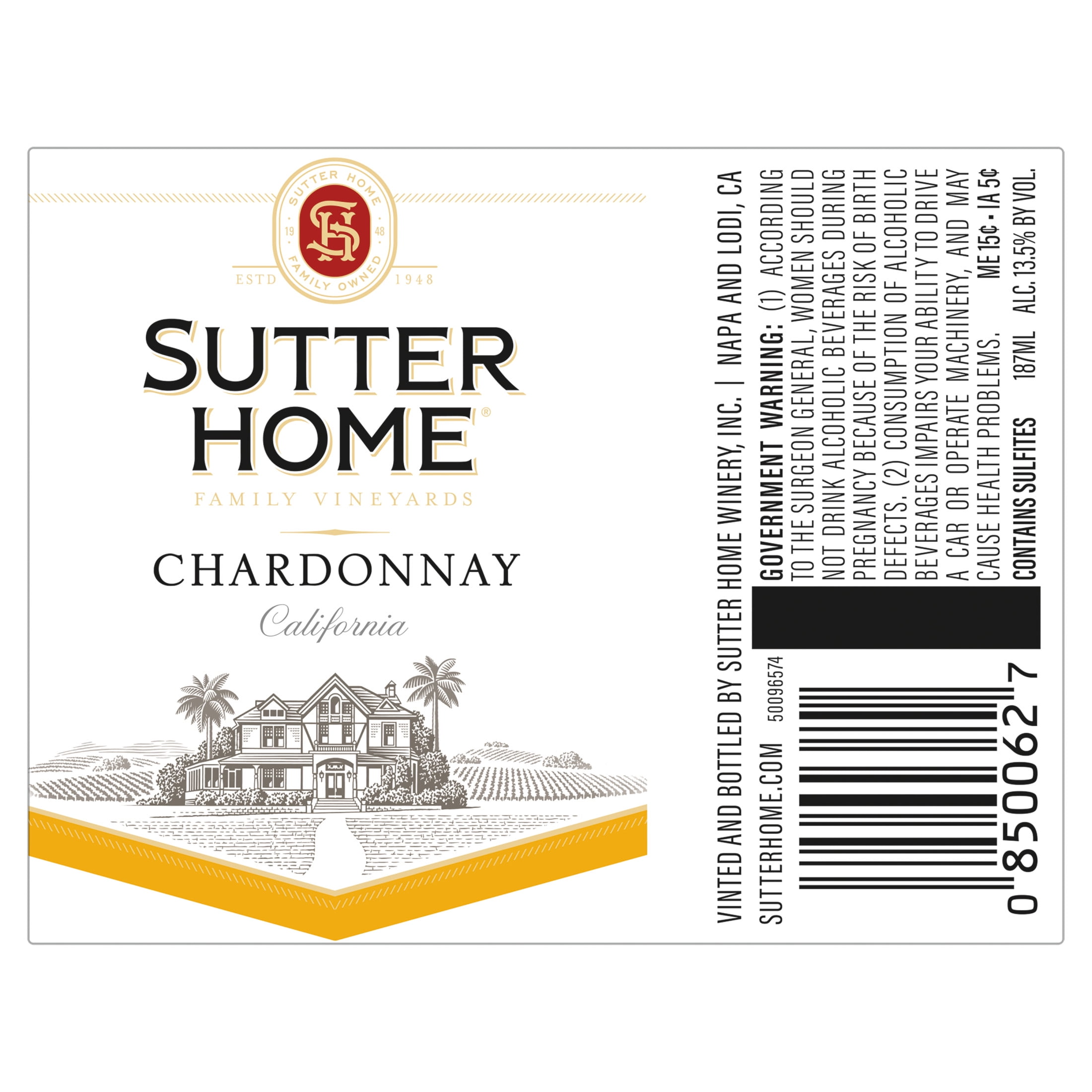Sutter Home Chardonnay California White Wine, 4 Pack, 187 ml Glass Bottles, 13.5% ABV