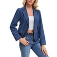 thumbnail image 4 of Women's Denim Jacket Notched Lapel Collar Long Sleeve Button Lightweight Fitted Denim Blazer S Dark Blue, 4 of 6