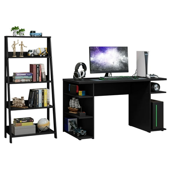 Madesa 2-Piece Desk and Ladder Shelf Set: 53" Gaming Desk with Cable Management + 24" 5-Tier Ladder Shelf for Storage, Office, Gaming and Study – Black