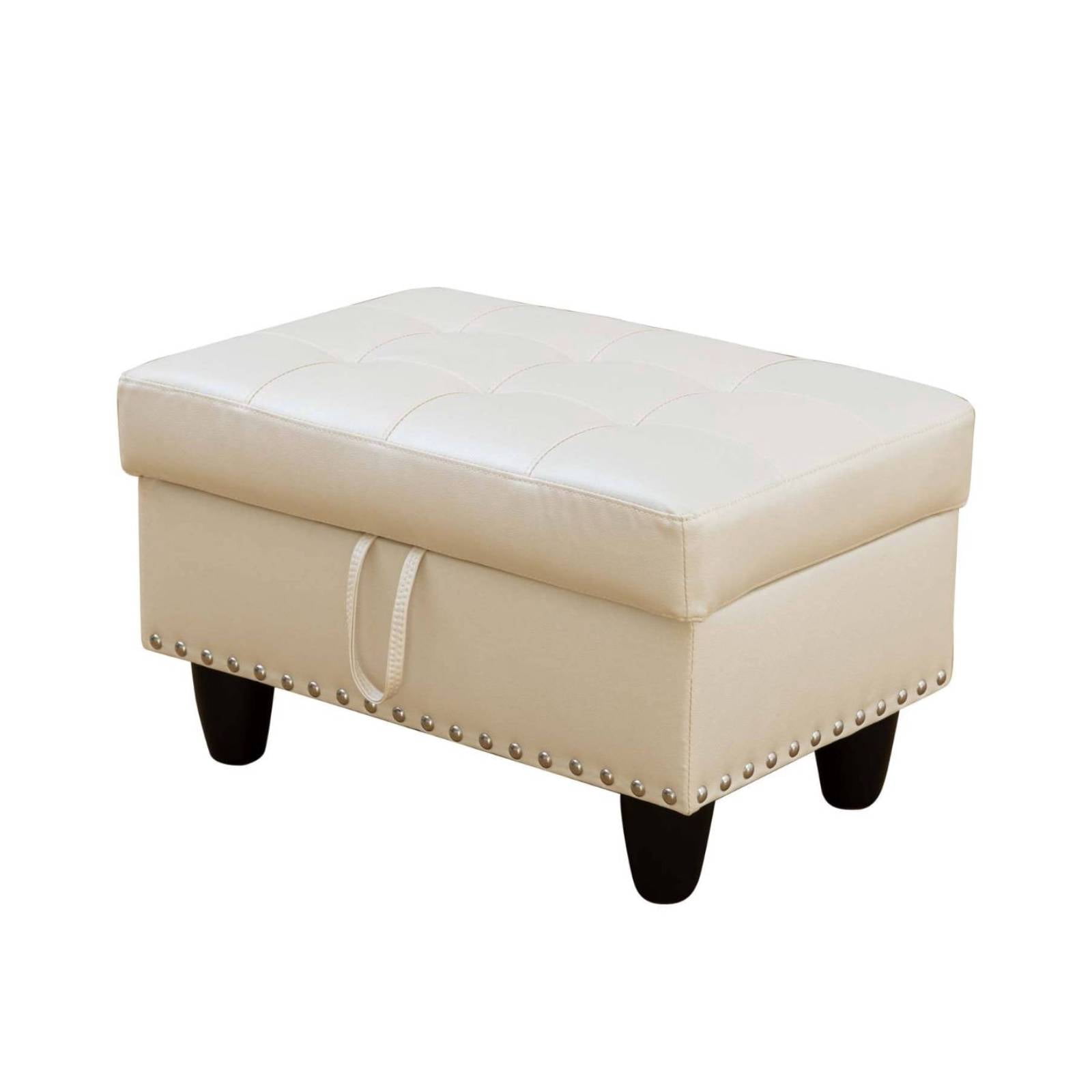Faux Leather Storage Ottoman Bench, Square Ottoman with Nailhead Trim, Footrest Stool Bench Coffee Table for Living Room,Entryway, White