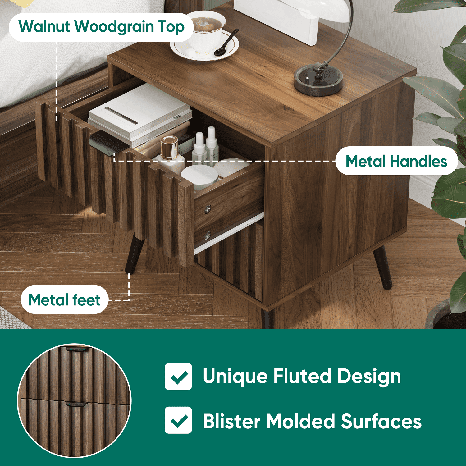 Algherohein Night Stands for Bedroom Set of 2,End Tables for Living Room with 2 Fluted Drawer,Walnut