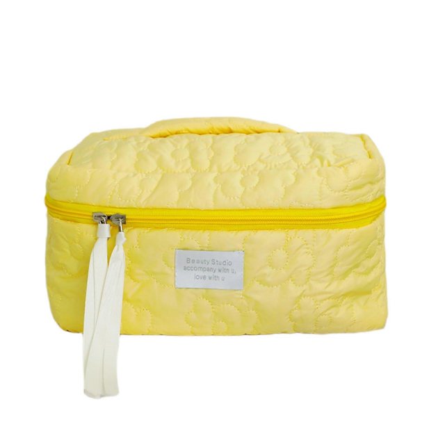 Cotton Quilted Makeup Bag for Women Travel Cosmetic Bag Floral Toiletry Organizer, Yellow