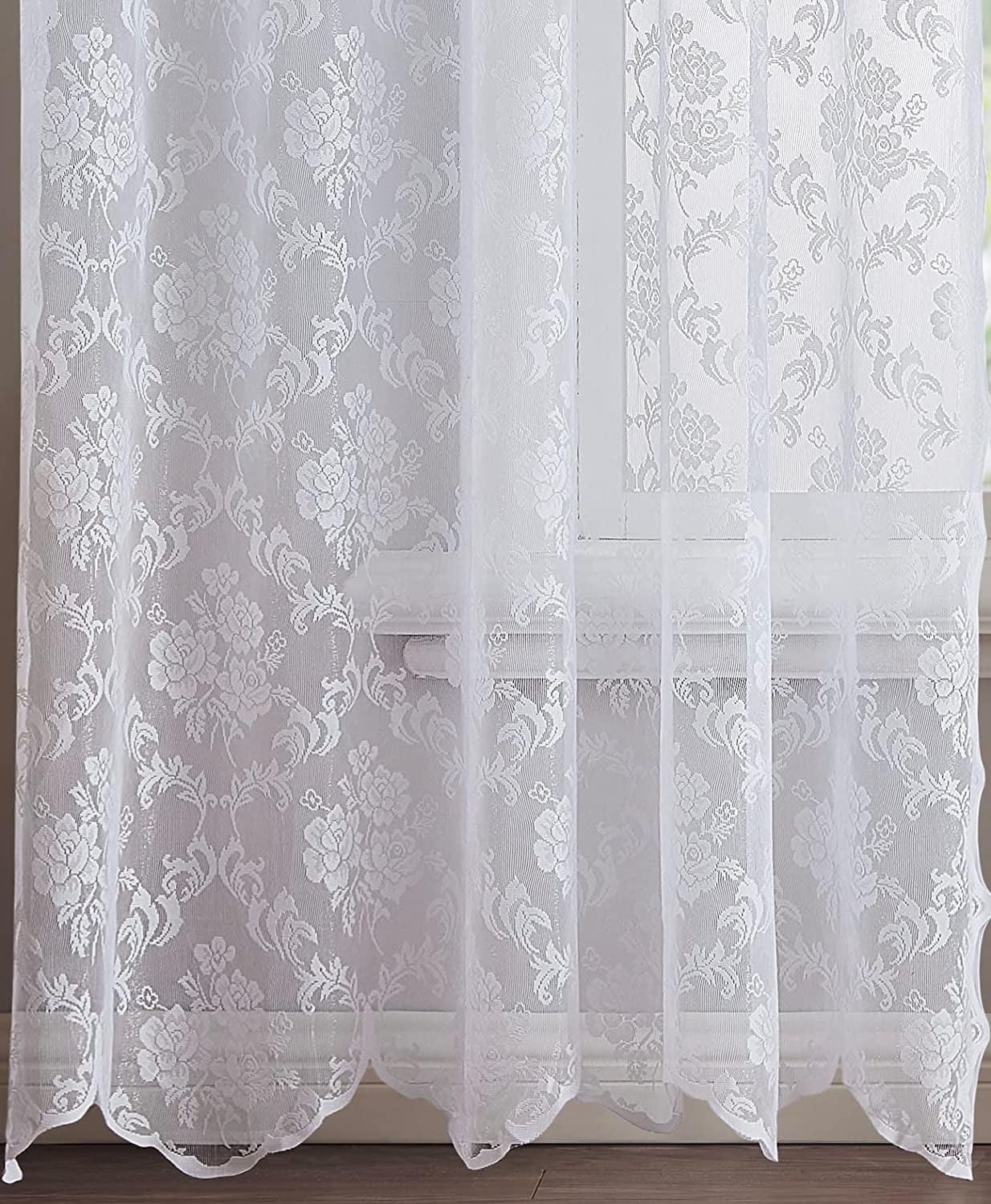 WARM HOME DESIGNS Luxury 96 Inches Long White Lace Curtains with Valance and Tassels for Living Room, Dining Room or Bedroom. MC White 96