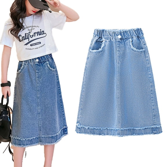 LYMAYTER Girls Young Women Denim Skirt Midi Knee Length A Line Jean Skirt Elastic High Waist Casual 5-14Y