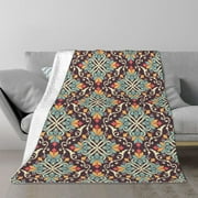 TEQUAN Double Layer Plush Bed Blanket, Traditional Floral Morocco Style Pattern Cozy Soft Air Conditioner Throw Blankets, 50" x 40"