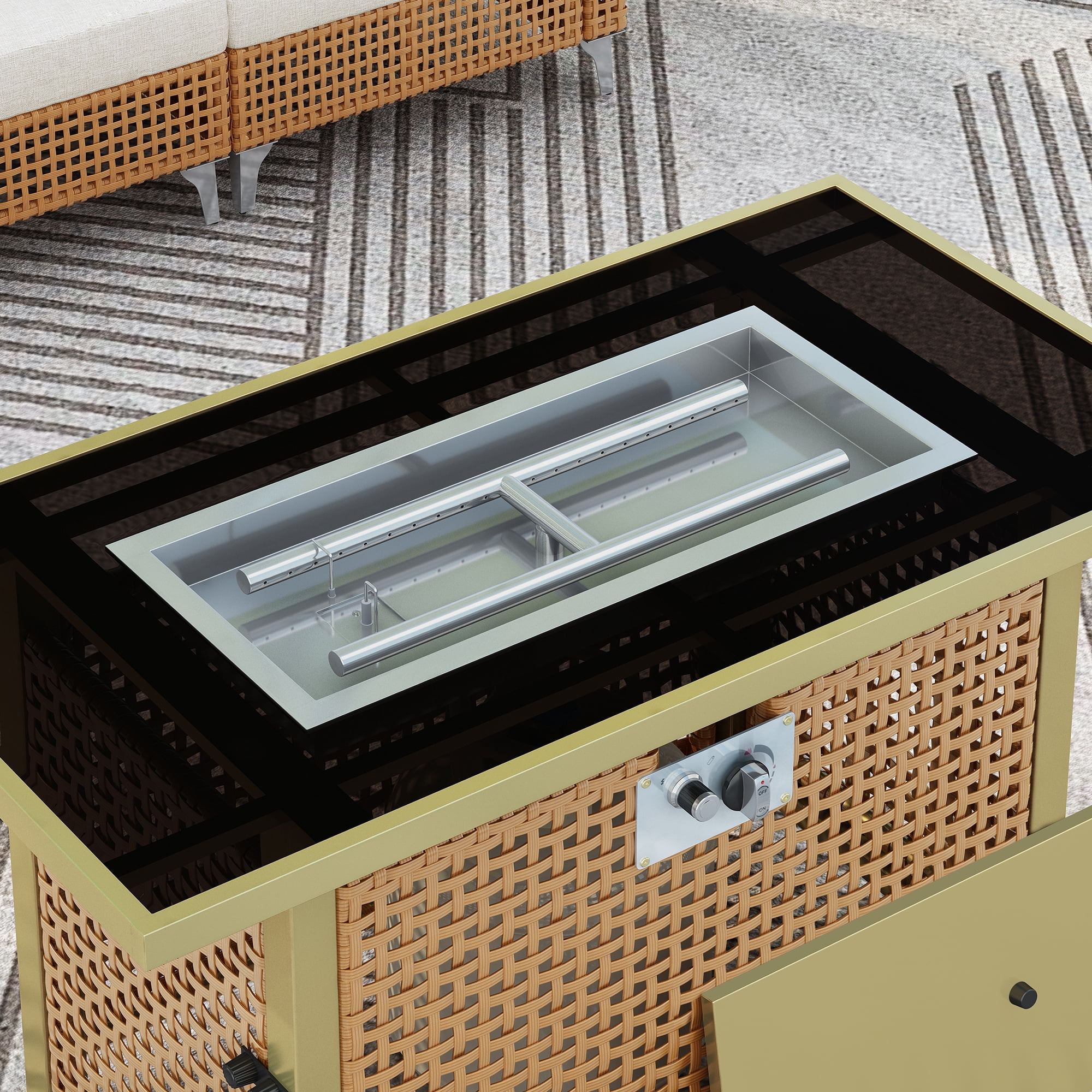 CoSoTower 43" Propane Gas Fire Pit Table, 60000 BTU Rectangular Open Weave Wicker Fire Pit with Glass Wind Guard for Outside Patio Deck Garden Backyard - Orange & Mustard Yellow