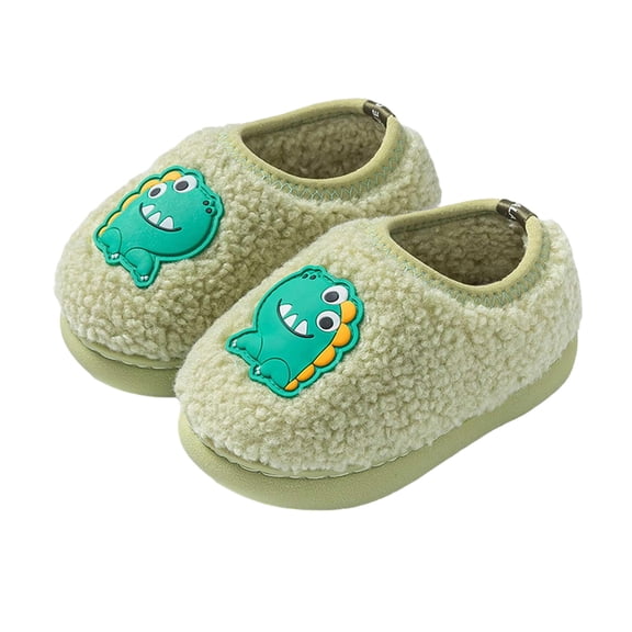 Gyujnb Kids Closed Back House Slippers Cartoon Dinosaur Patch Teddy Lined Flat Non Warm Winter Indoor Unisex Home Footwear,3.5-4 Years