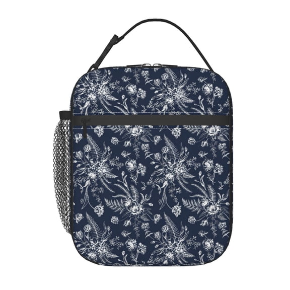 Navy Blue Floral Lunch Bag Reusable Thermal Lunch Box with Handle for Women and Men