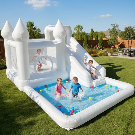 14ft Inflatable Water Slide & Bounce House with Ball Pit and Blower, White Oxford Outdoor Playhouse for Kids
