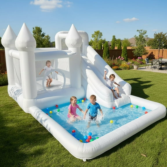 14ft Inflatable Water Slide & Bounce House with Ball Pit and Blower, White Oxford Outdoor Playhouse for Kids