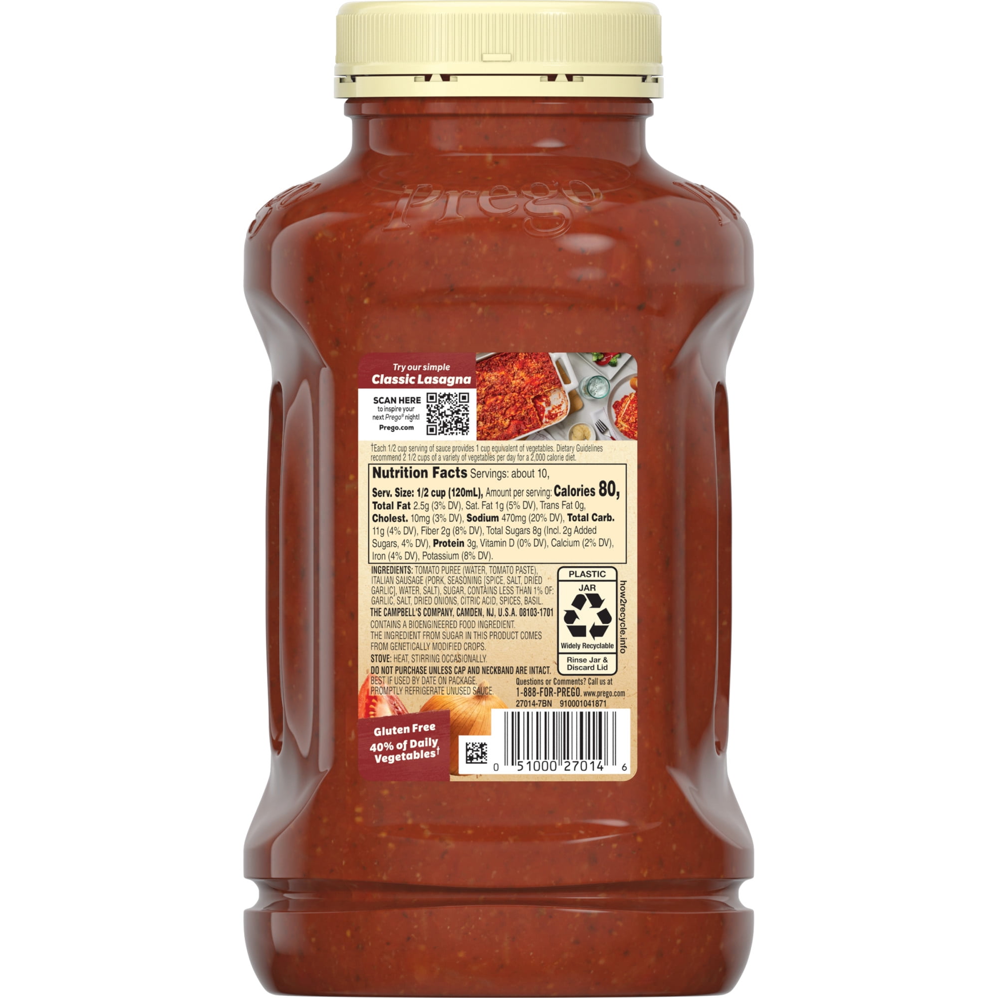 (6 pack) Prego Italian Sausage and Garlic Meat Sauce, 44 oz Jar