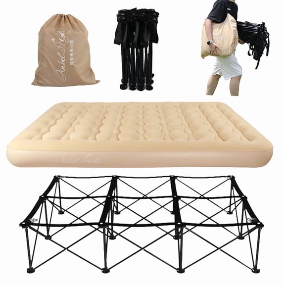Queen Air Mattress with Frame, Self Inflating/Deflating Blow Up Bed for Adults - PeakRest Camping Cot with Mattress - Portable Queen Size