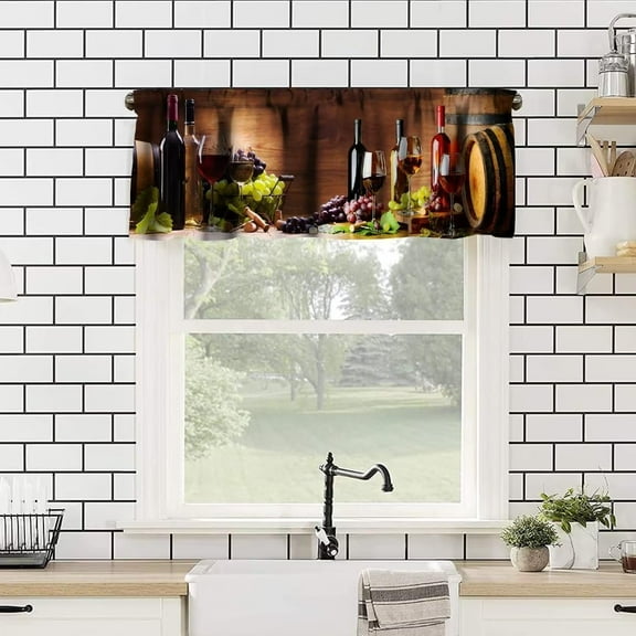 Kitchen Curtain Valance Rustic Grape Themed Curtains Farmhouse Fruit Barrels Wall Decor Vintage Winery Curtain Valances for Kitchen Short Print Curtain 54x18in