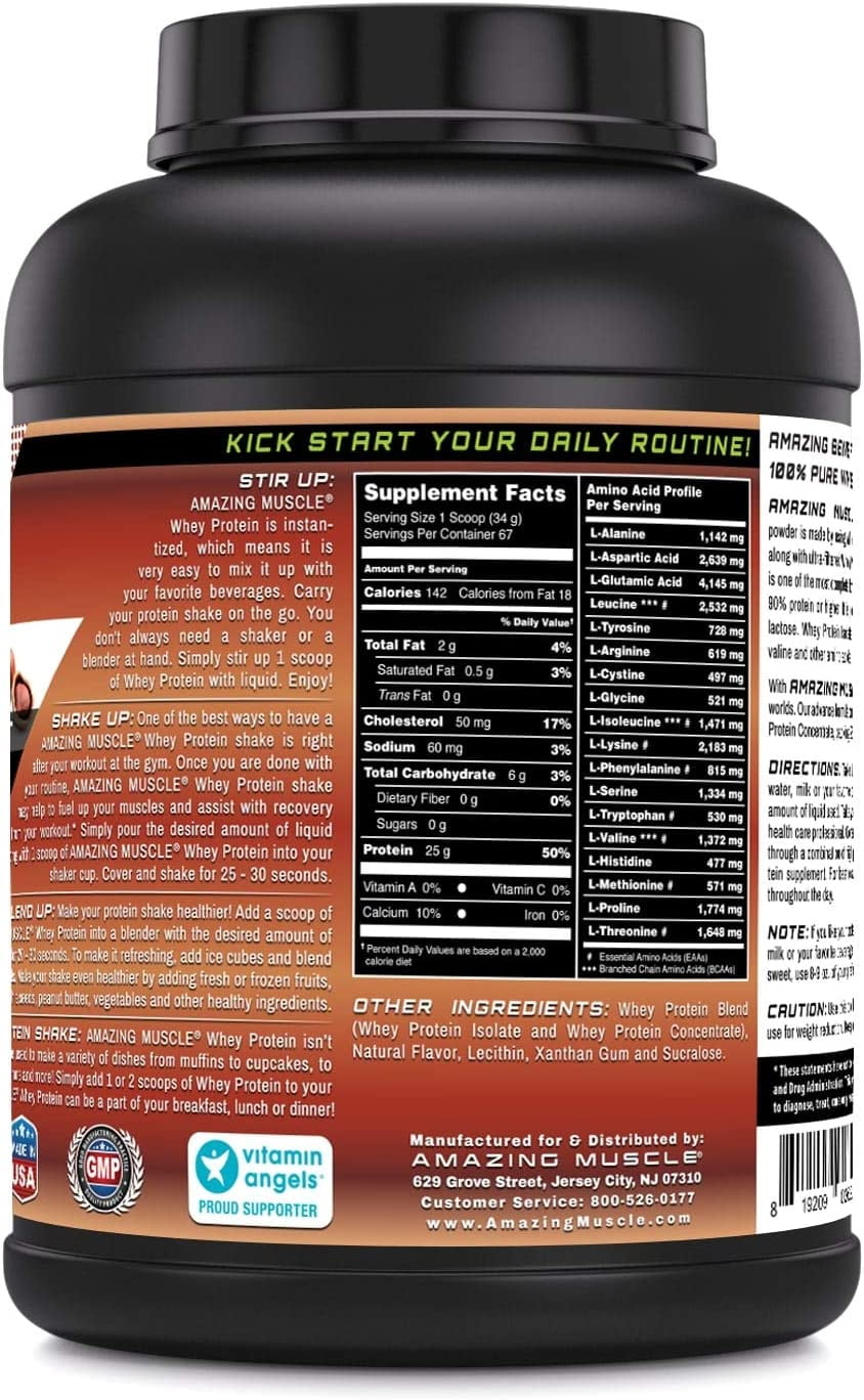 Amazing Muscle Whey Protein (Isolate & Concentrate) 5 Lbs Powder Supplement | Hazelnut Flavor | 67 Serving | Non-GMO | Gluten-Free | Made in USA
