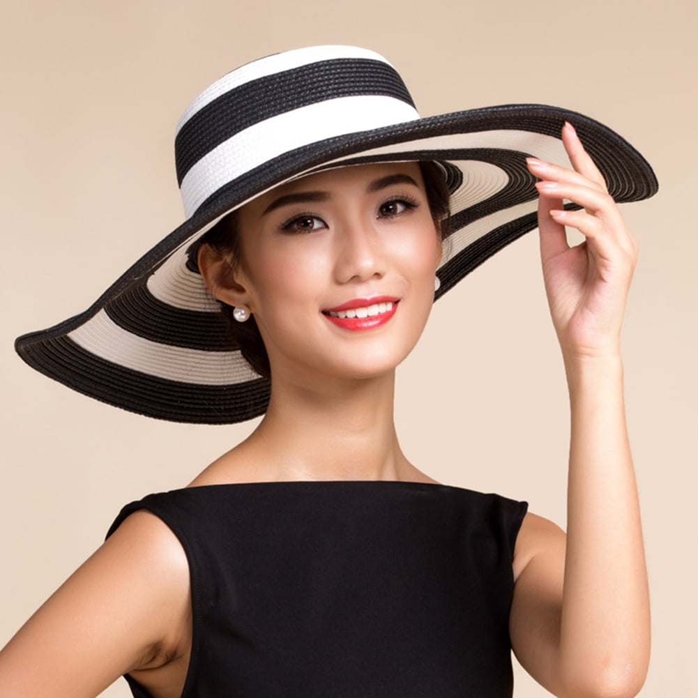 Fashion Summer Women's Ladies Beach Sun Visor Wide Brim Stripe Floppy Straw Hat 