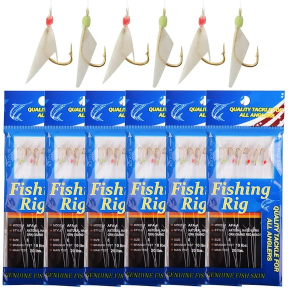 Fishing Rigs Bait Fish Skin Rig Hooks, 6 Packs Glow Fishing Bait Rigs with Fish Skin Size 4 6 8