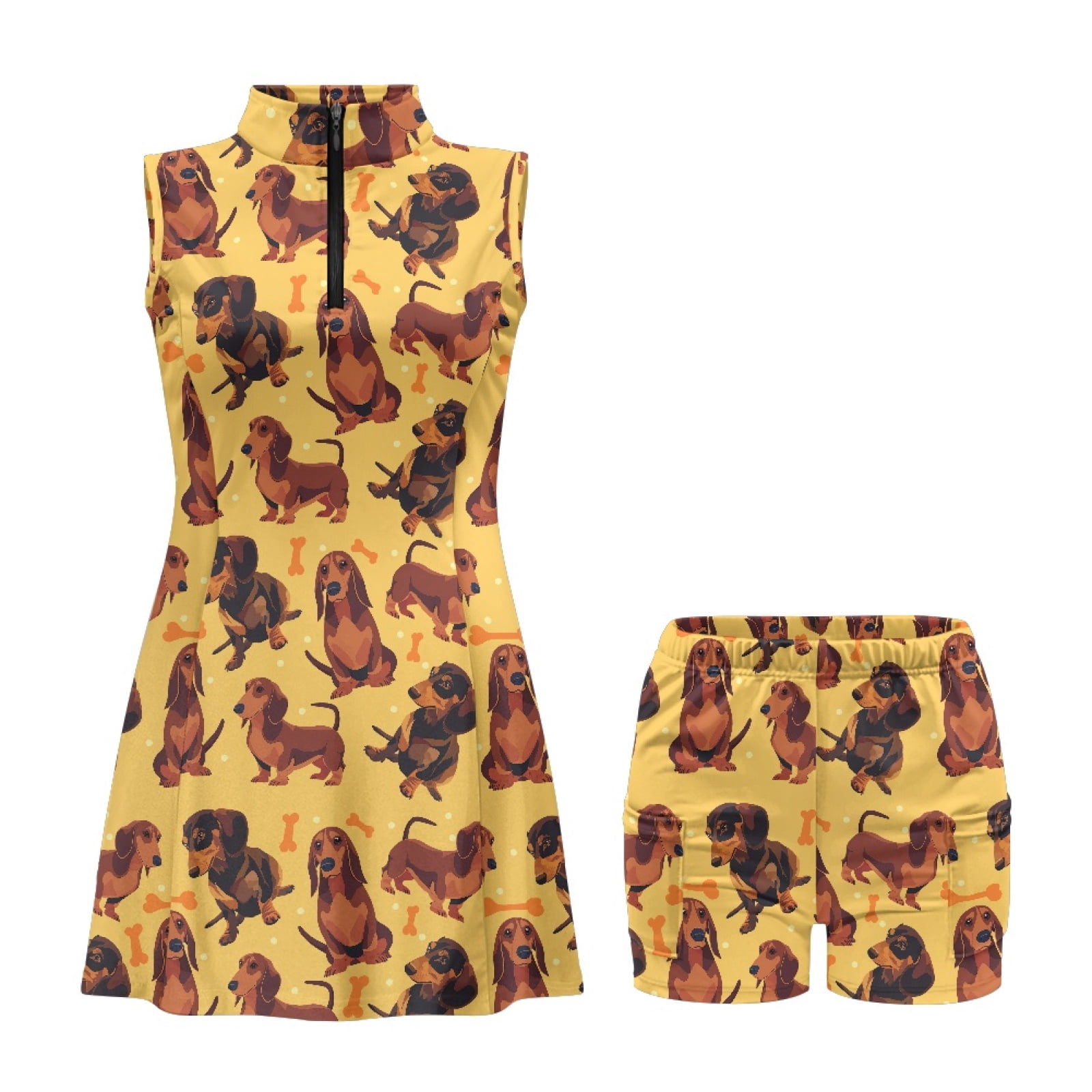 COEQINE Dachshund Bone and Polka Dot Yellow Print Women's Golf Dress with Built in Shorts and Pockets Sleeveless Soft Exercise Dresses 2 Piece Set Zip Up Workout Outfits, S