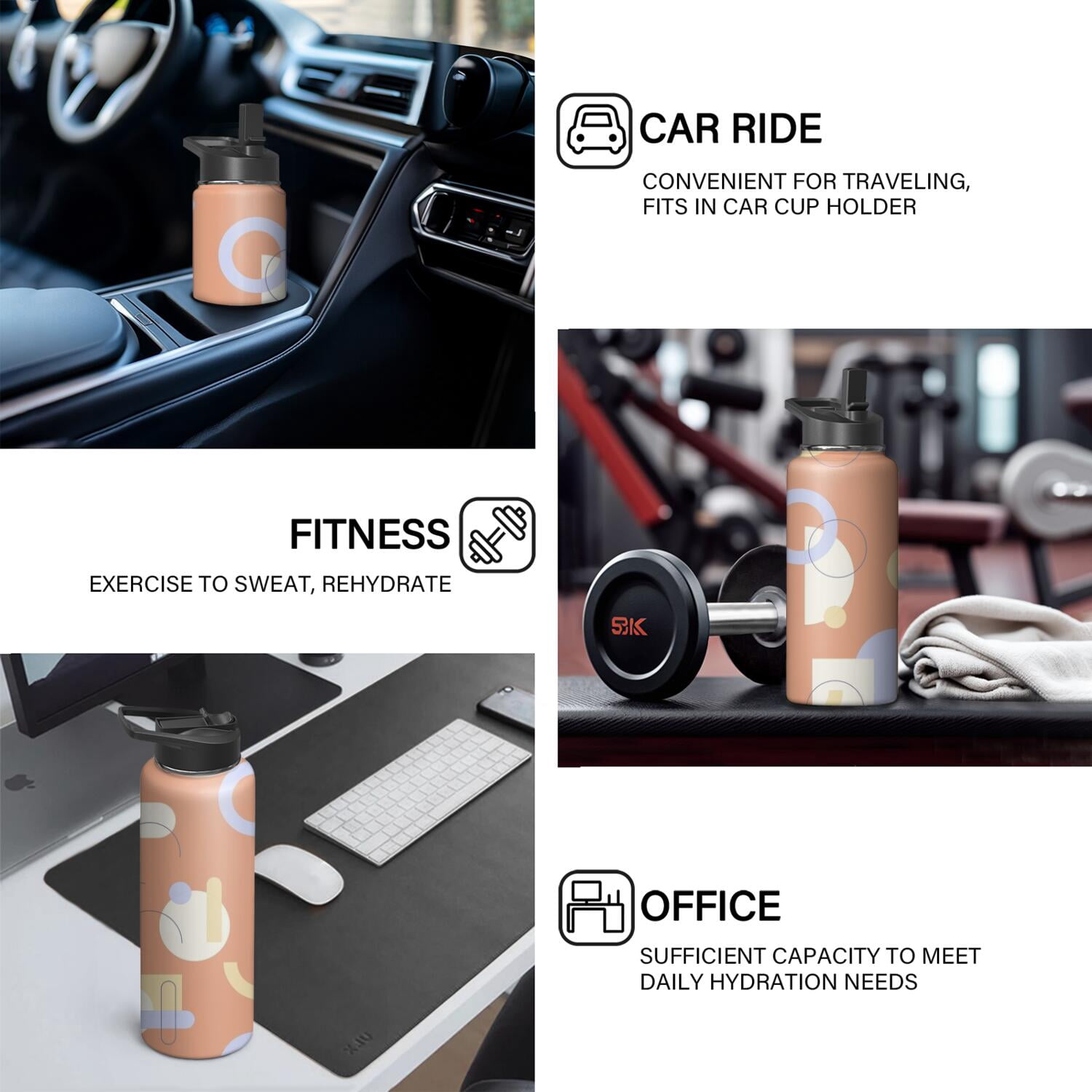 Modern 18 oz Insulated Stainless Steel Water Bottle with Straw & Cleaning Brush , Leakproof, BPA-Free, 304 Stainless Steel, Wide Mouth, Travel Mug for Car, Gym, Office