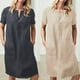 thumbnail image 3 of Women Short Sleeve Cotton Linen Baggy Tunic Kaftan Knee Length DressM, 3 of 5