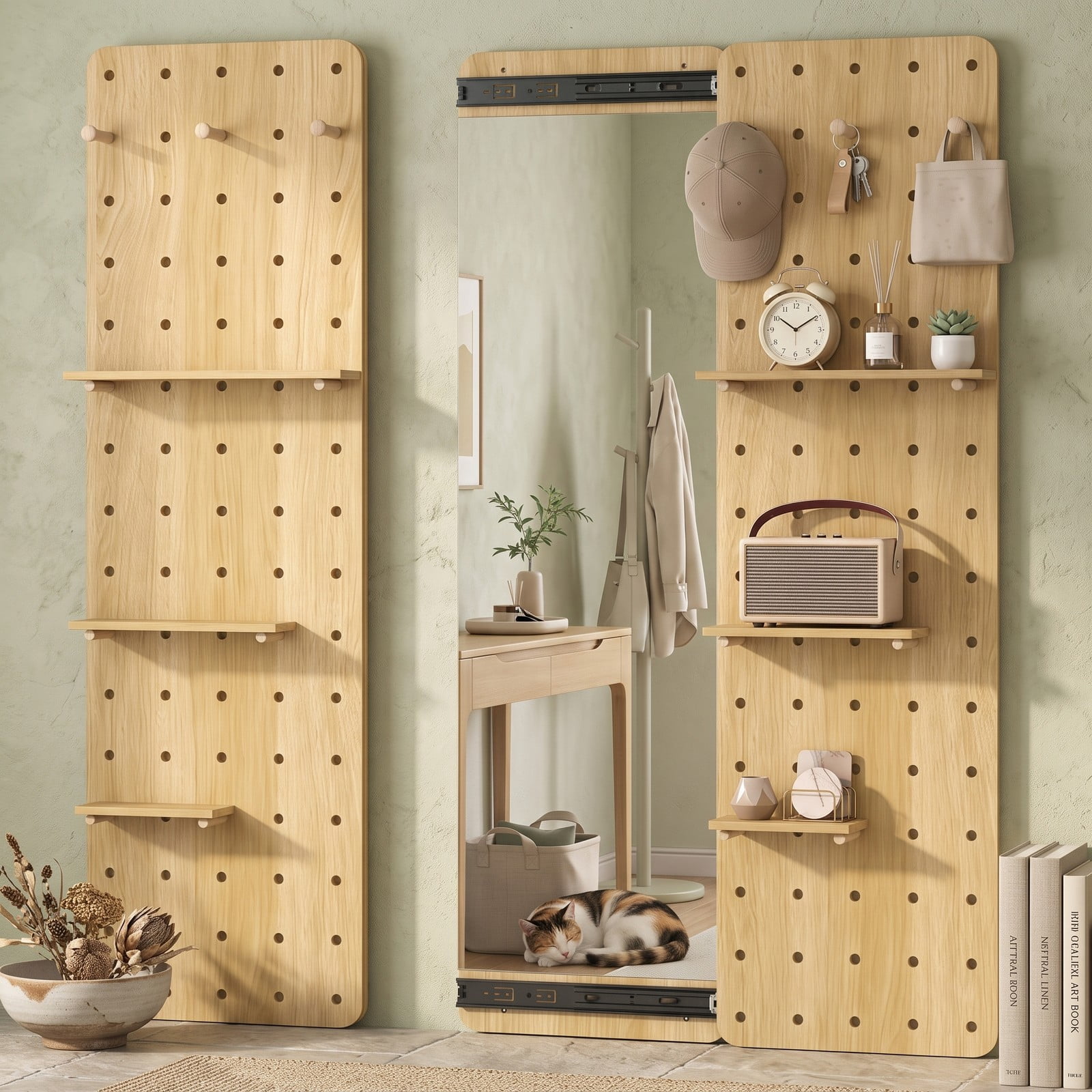 ALPULON Solid Wood Full Length Mirror with Sliding Pegboard, Shelves and 3 Hooks, Wall Mounted HD Floor Mirror for Entryway Bedroom Closet, Natural