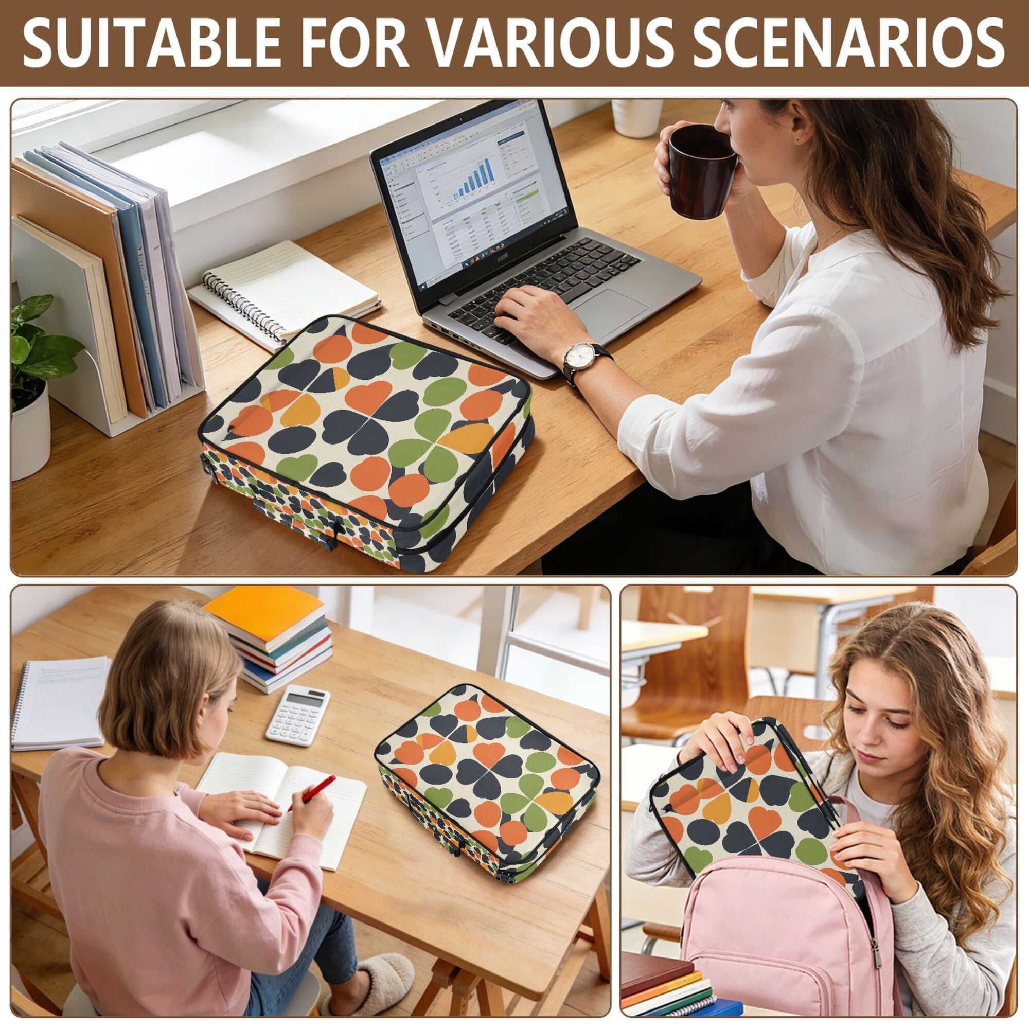 FORMRS Accordion File Folder A4 Size 7-Pocket Expanding Document Organizer Bag with 3 Ring Binder, Black Clover Pattern