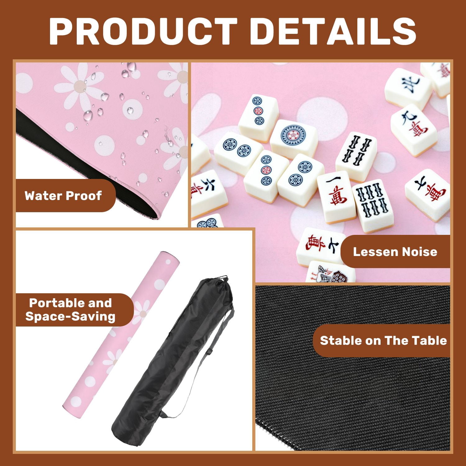 Mahjong Mat 31.5" x 31.5" Pink White Daisy Flowers Polka Dot Non-Slip Noise Reduction American Mahjong Tiles Table Cover for Dominoes Poker Card Board Games Gift