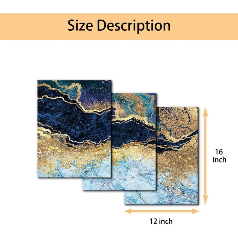 Wall Art Set of 3 - Teal Gold Blue and White Marble Landscape