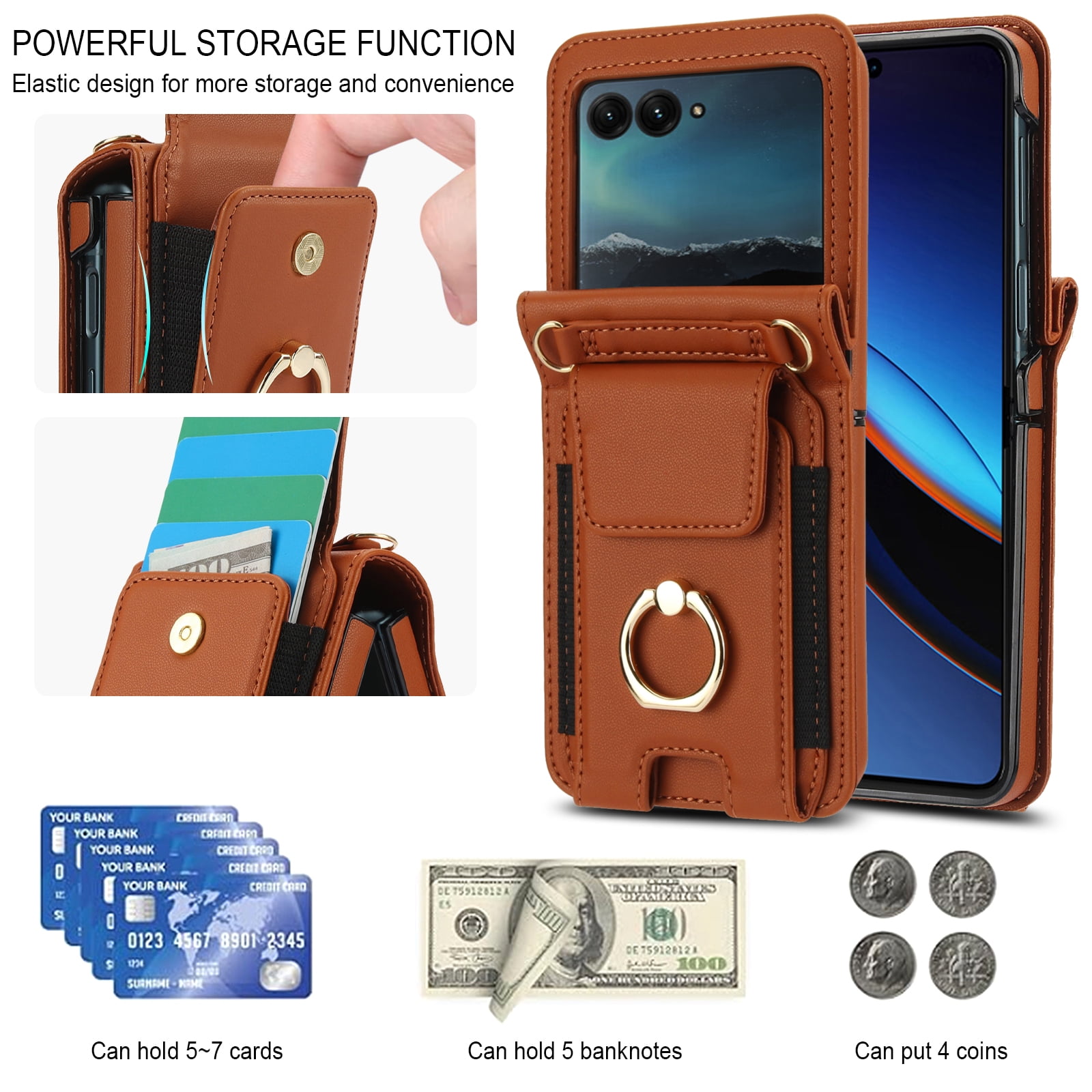 for Motorola Razr 2024 Case, Retro PU Leather Shockproof Protection Phone Case Wallet Built in Credit Card Slots Flip Cover Finger Ring Stand with Long Strap + Short Strap, Brown