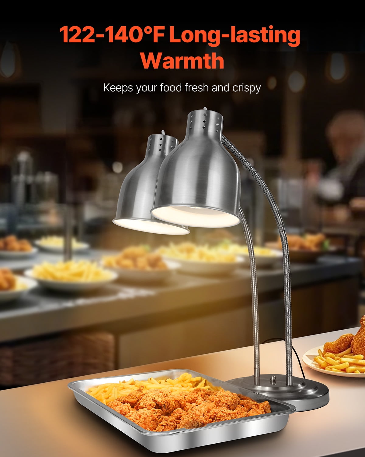 VEVOR Food Heat Lamp, 500W Electric Commercial Food Warmer Light, 2-Head Stainless Steel French Fry Heating Lamp with 3 Bulbs, Catering Food Warming Equipment for Kitchen, Buffet, Restaurant, Silver