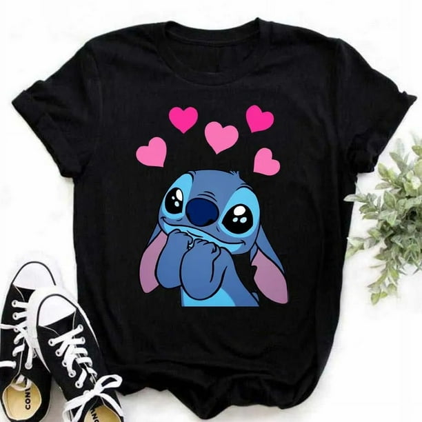 Camiseta Kawaii stitch para mujer, Tops de verano, camisetas con estampado  de corazón de dibujos animados, camiseta de Anime, ropa para mujer