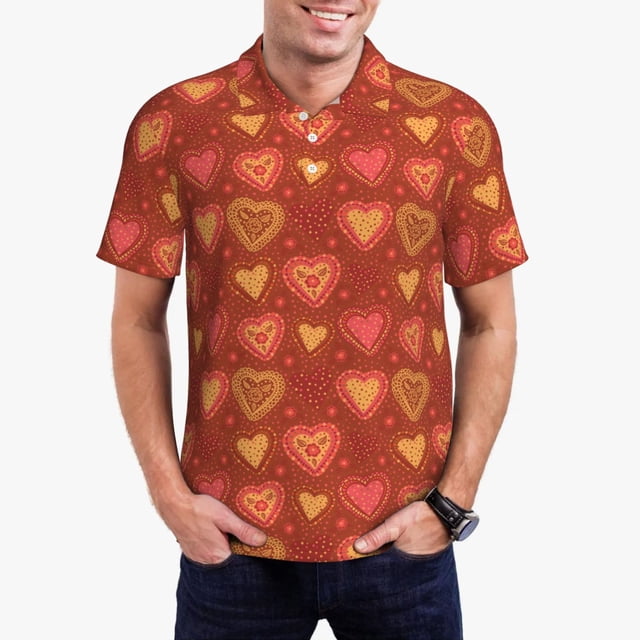 Fotbe Flower Hearts Camiseta Polo de Golf para Hombre con Estampado – Camisa Deportiva Transpirable con Cuello Abotonado-Large