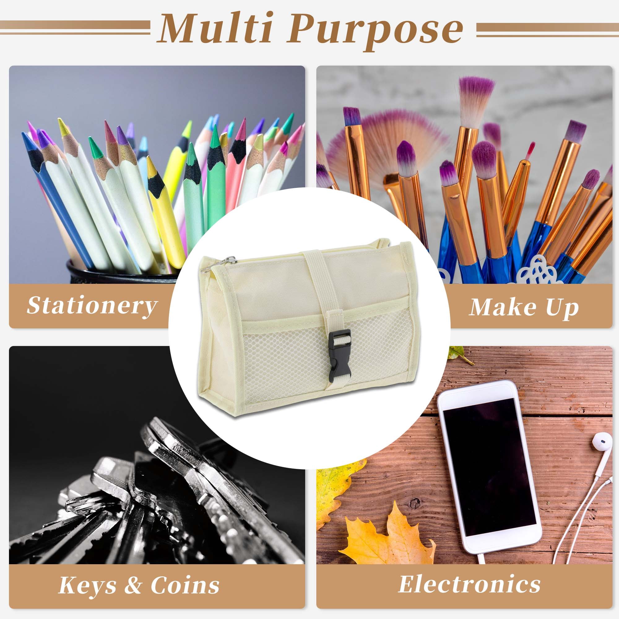Unique Bargains Mesh Style Aesthetic Pen Bag Organizer Beige