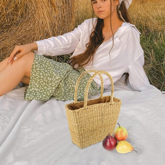 HEALEEP 1Set Straw Woven Bag for Women Handmade Beach Picnic Travel Outdoor Daily Use Pastoral Style 9*7.9*2.4in