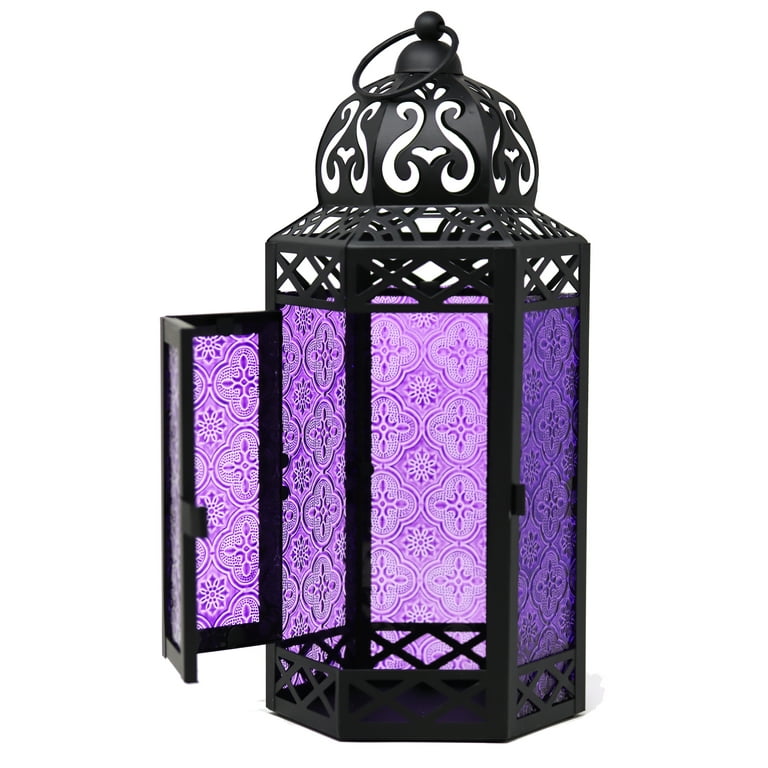 Moroccan Style Candle Lantern with LED Lights, Purple Glass, Large Moroccan Style Candle Lantern with LED Lights, Purple Glass, Large