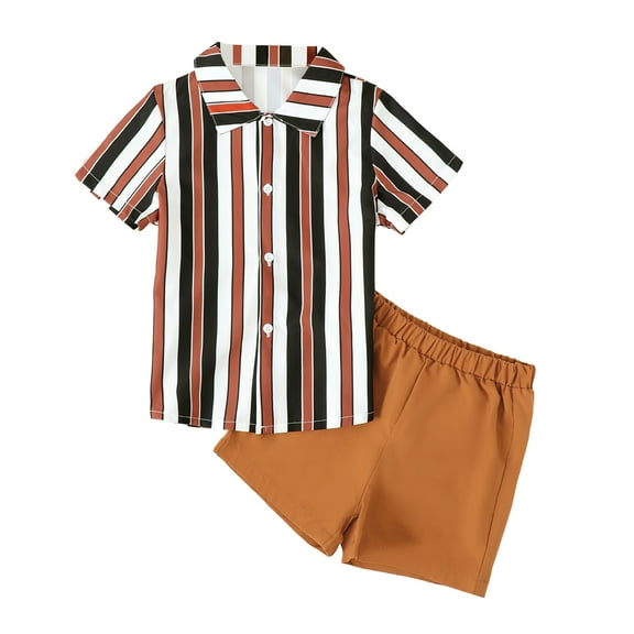 OLLUISNEO Little Baby Boys Clothes Short Sleeve Button down Stripe T-shirt Shorts Set Baby Boys Summer Outfit Set 6-7 Years