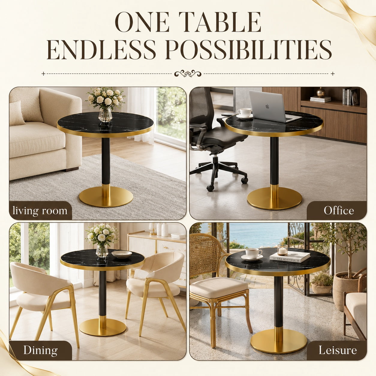 Aukfa 31.5" Round Sintered Stone Dining Table for 2-4, Kitchen Table Tulip Table with Gold Pedestal Base for Bistro Small Apartment,Black Onyx