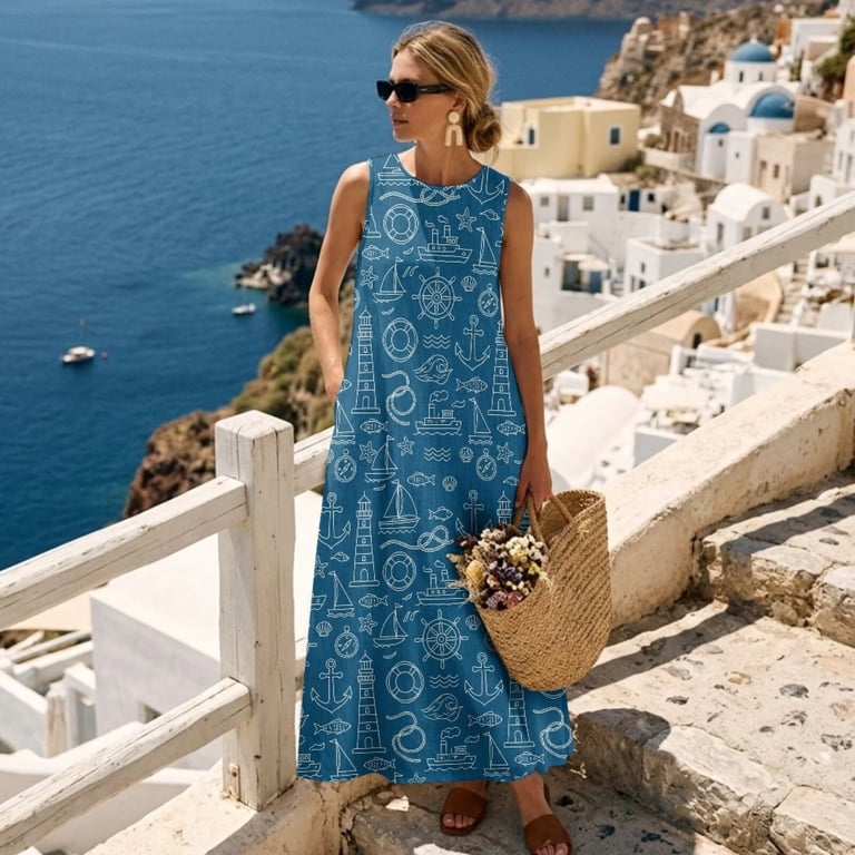 Xoenoiee Ship Rudder Blue Boat Fish Starfish Seashell Print Summer Dresses for Women Sleeveless Cotton Linen Maxi Dress Casual Crewneck Sundress with
