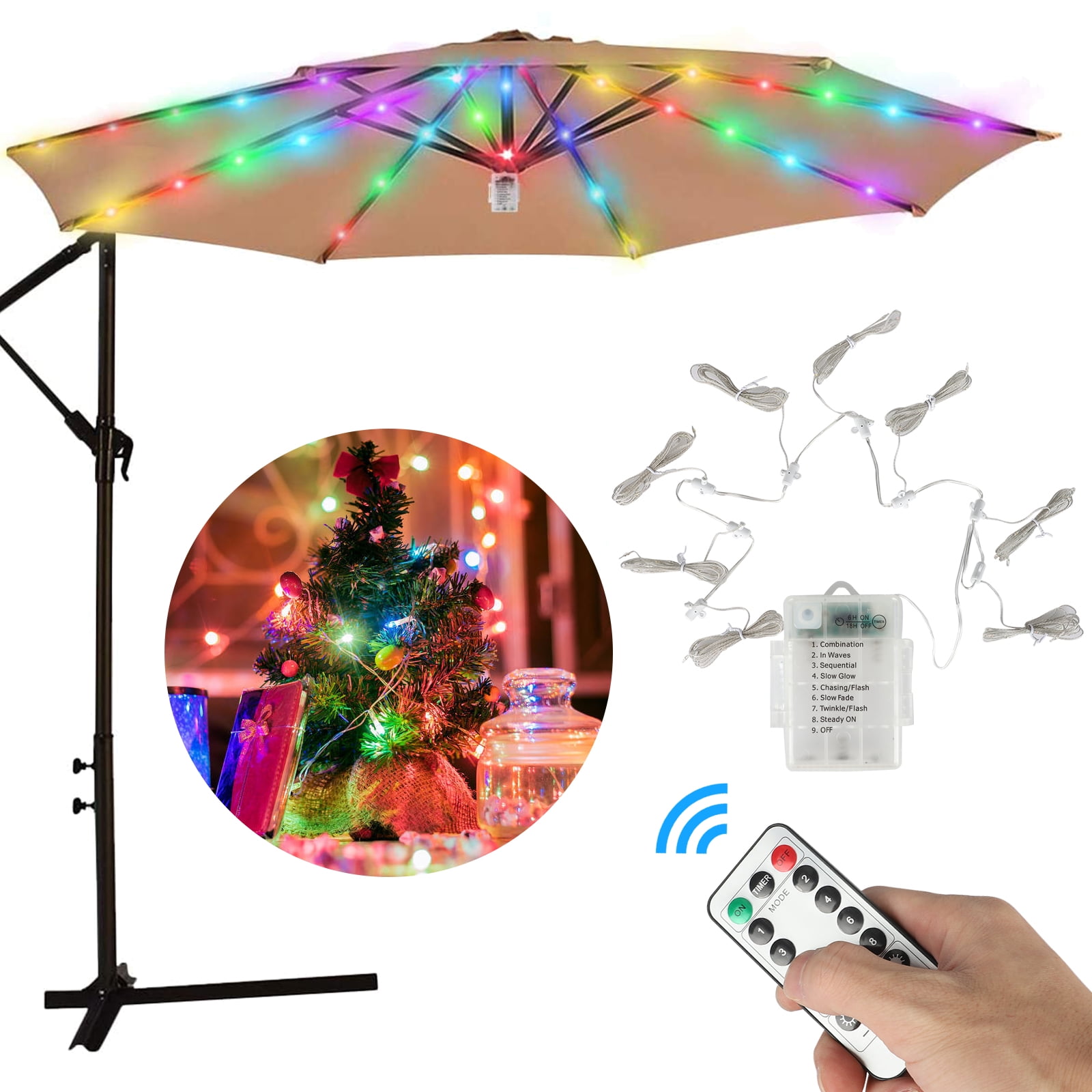 Patio Umbrella Light String Lights with Remote Control 8 Lighting Modes