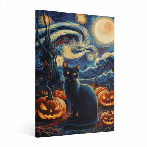 Vintage Halloween Black Cat Canvas Wall Art Painting, Retro Horror Creepy Dark Poster, Halloween Gothic Artwork Picture Print Decor,Spooky Ghost Wall Decor for Bar Living Room Bedroom Party Framed ﻿