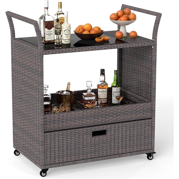 JIANYI Outdoor Rolling Wicker Bar Cart w/Tempered Glass Top, Open Shelf & Drawer, Rattan Serving Trolley for Patio, Porch, Garden, Poolside