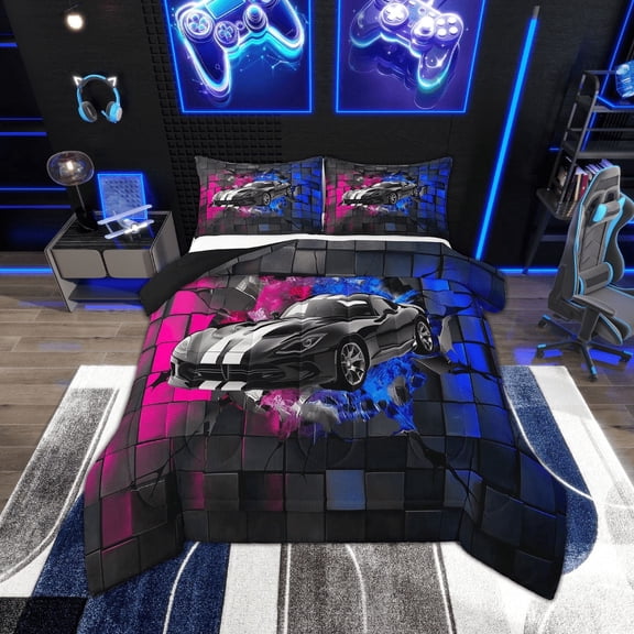 Erosebridal Black Sport Car Bedding Twin Comforter Set,Geometric Plaid Down Comforter,Extreme Sports Bedding Sets Twin with Comforter,Microfiber Buffalo Room Decor,Reversible,2-Piece