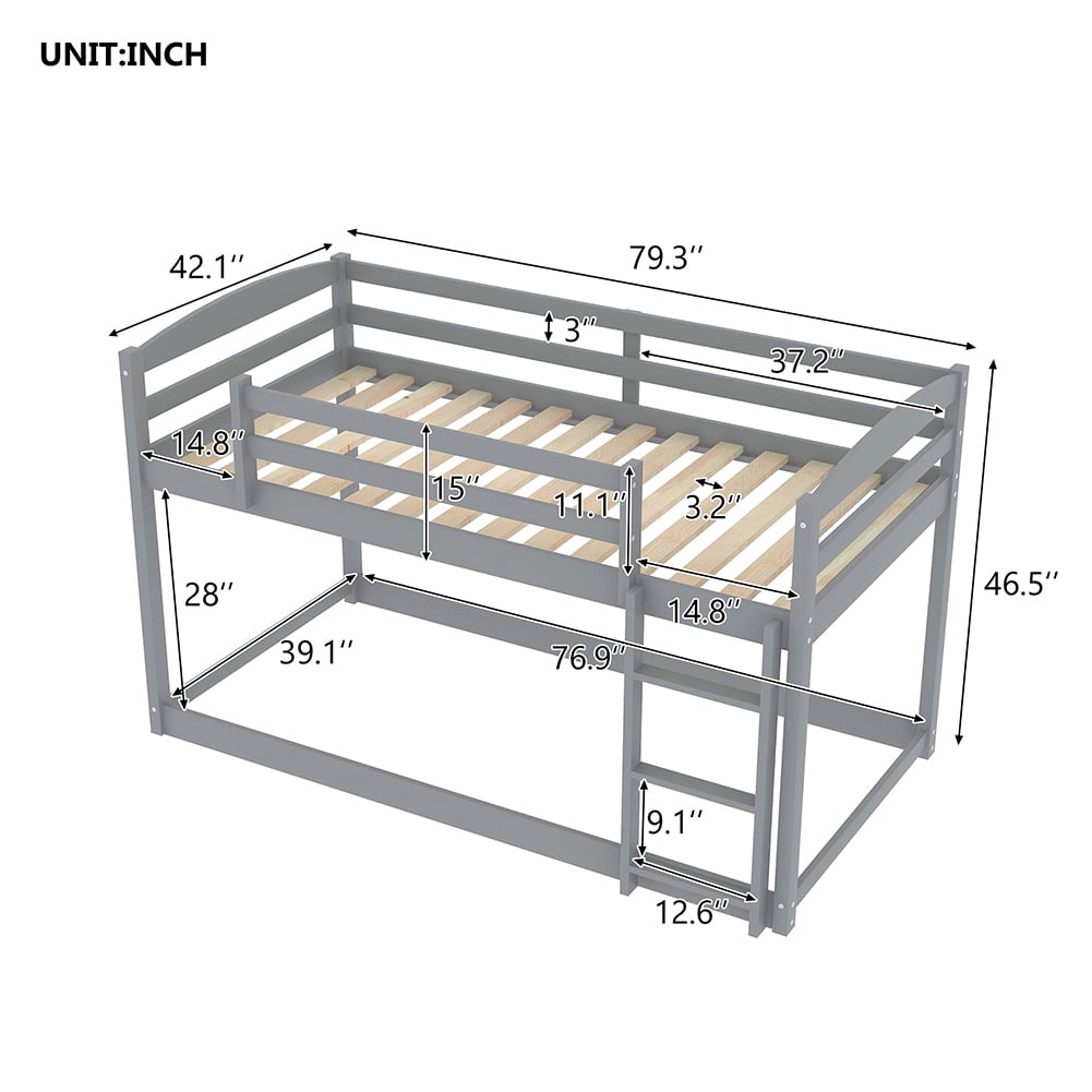 Kadyn Solid Wood Twin Bunk Bed with Ladder and Safety Rail, Gray Kadyn Solid Wood Twin Bunk Bed with Ladder and Safety Rail, Gray