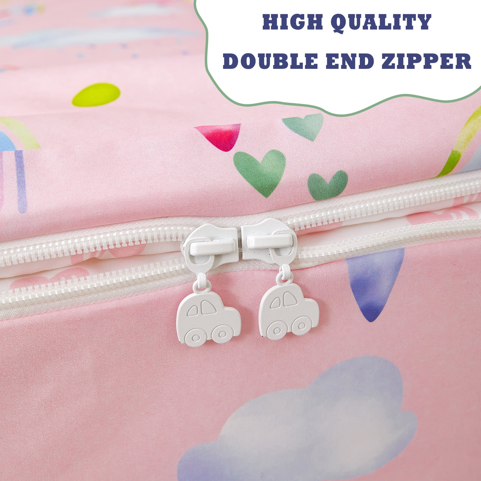 ZRNBAST Zipper Bedding Set for Girls, 3Pcs Pink Hearts Rainbow Twin Size Comforter with Fitted Sheet & Pillowcases, All-in-One Zipper Bed Set for Kids Room(Pink,Twin)