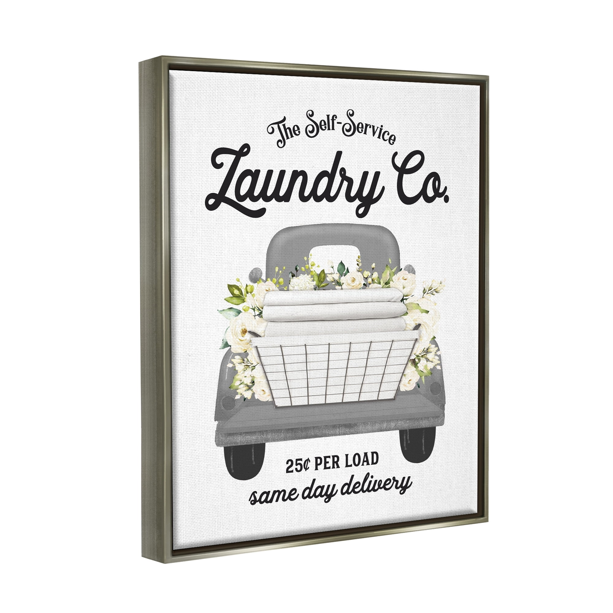 Stupell Industries Antique Laundry Service Truck White Floral Arrangement Graphic Art Luster Gray Floating Framed Canvas Print Wall Art, Design by Lettered and Lined