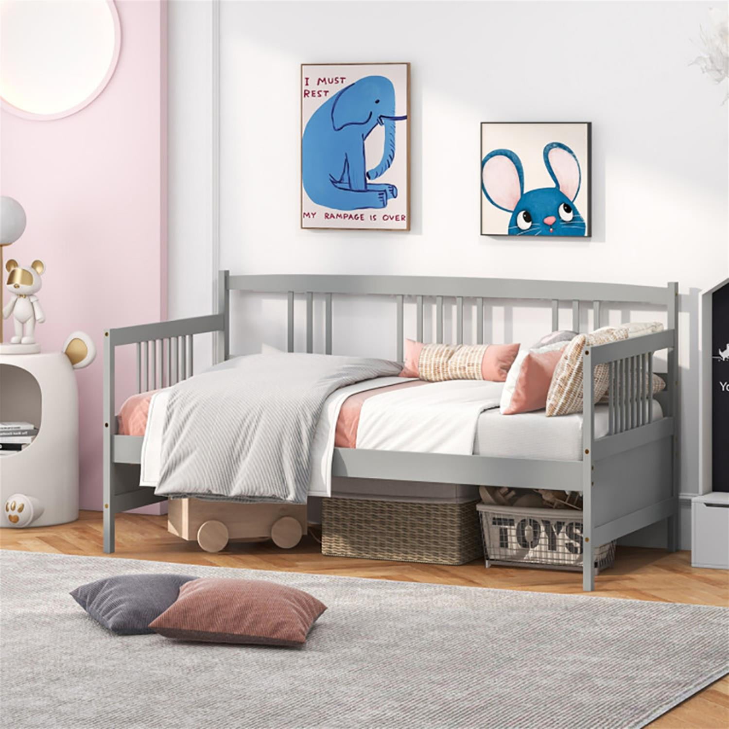 Demi Bonn Twin Size Wooden Slats Daybed Bed with Rails, Modern Bed Frame for Teens, Gray