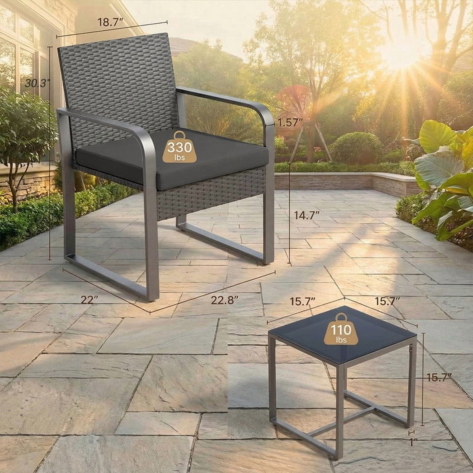 Aiho 3 Pieces Outdoor Bistro Set with Glass Table, Patio Rattan Furniture Set with Soft Cushions for Balcony, Backyard, Garden, Pool, Black
